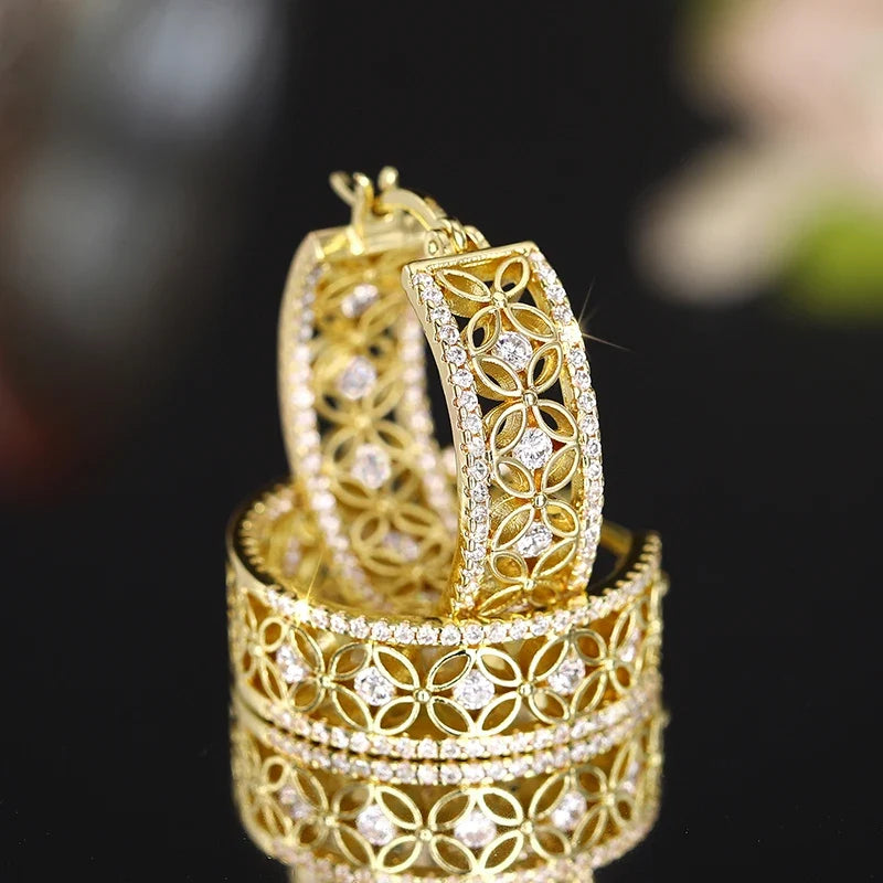 Huitan Gold CZ Hollow Flower Hoop Earrings | Bridal Jewelry