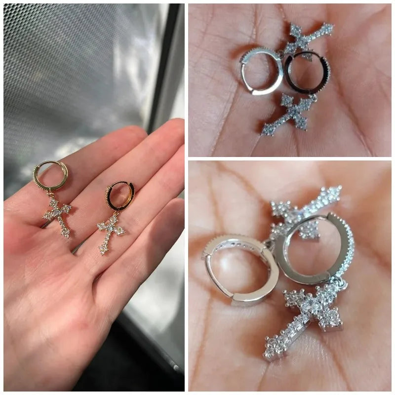Huitan CZ Cross Drop Hoop Earrings – Unisex Fashion Jewelry