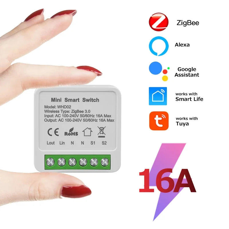 ZigBee/WiFi Tuya Smart Mini Relay Switch | 16A, 2-Way Control, Alexa & Google Home – App, Voice & Remote Control