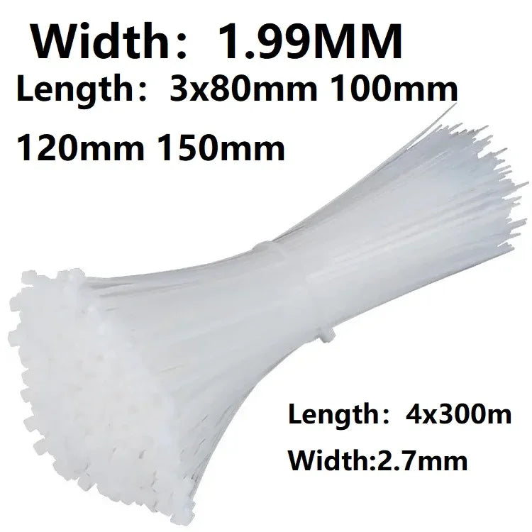 100Pcs White Nylon Self-Locking Cable Ties | Multi-Size Wire Organiser