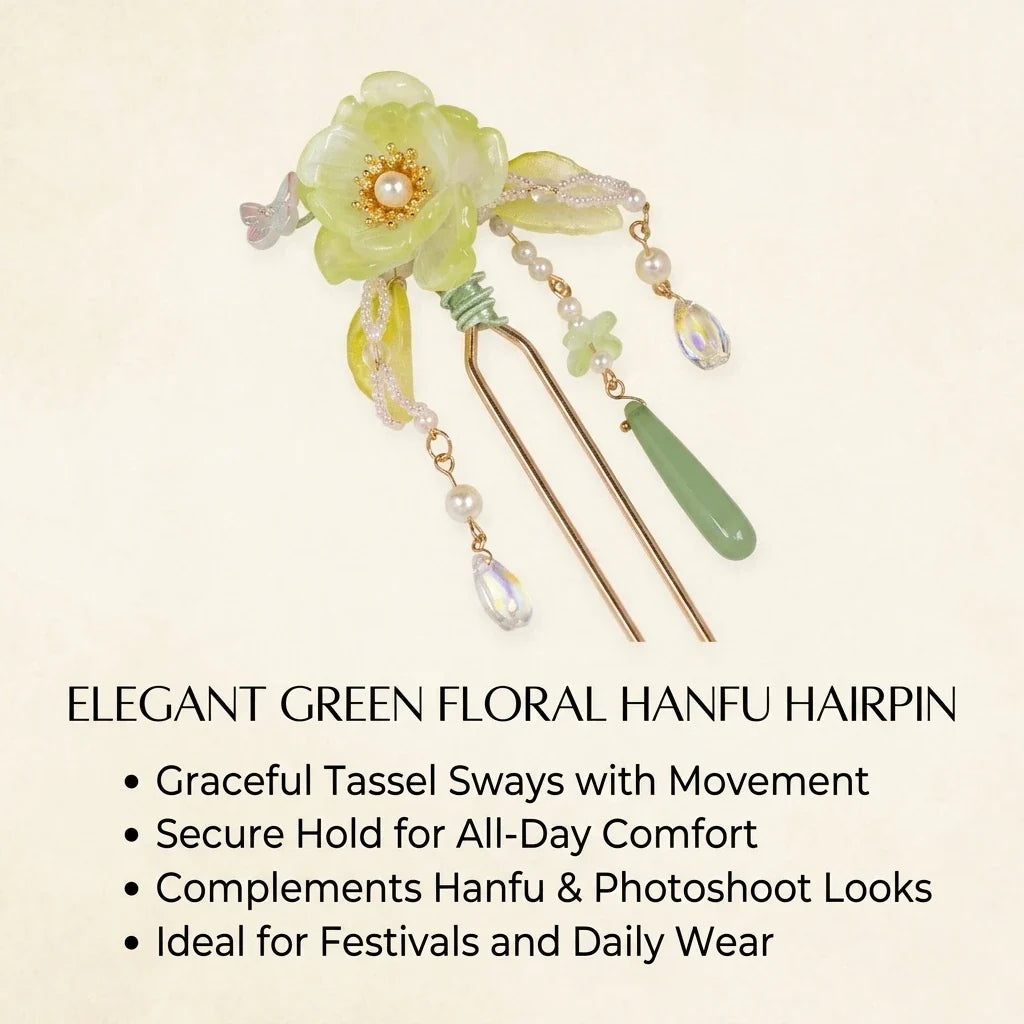Green Hanfu Hairpin | Alloy Tassel Floral Hair Stick