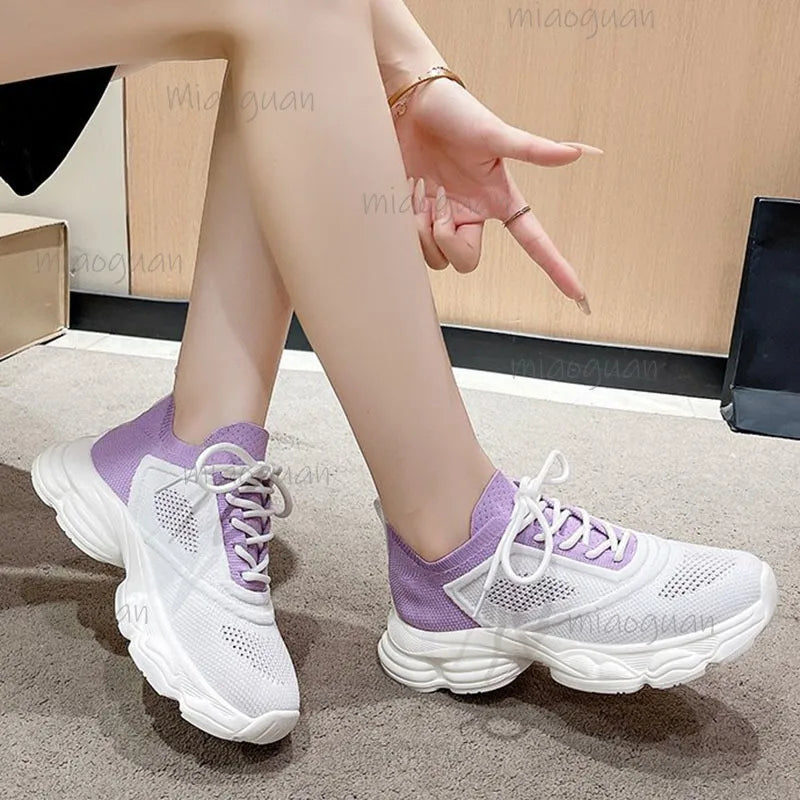 Women's Mixed Color Platform Sneakers – Lace-Up Casual Shoes