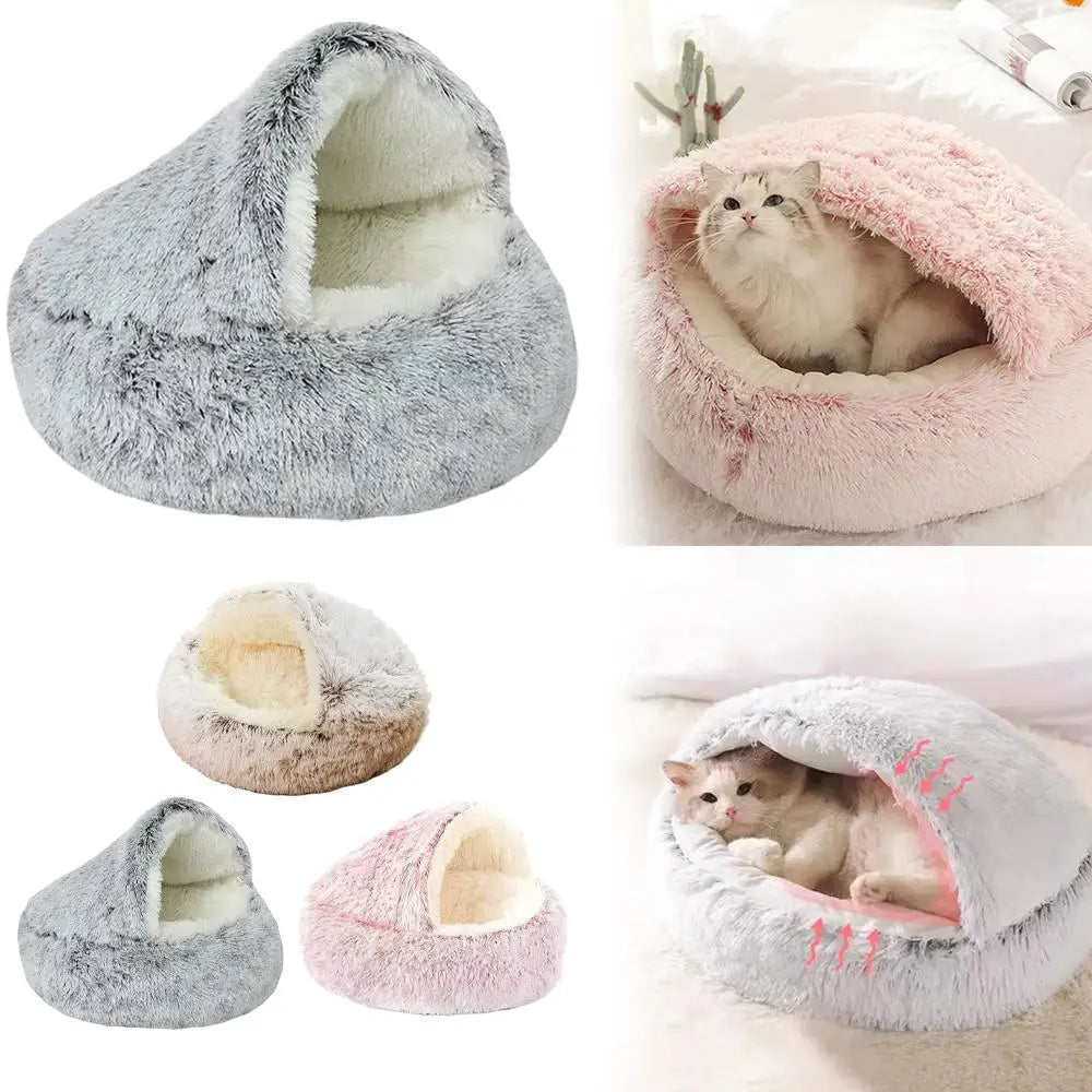 Winter Plush Round Cat Bed – Warm Semi-Enclosed Pet Nest