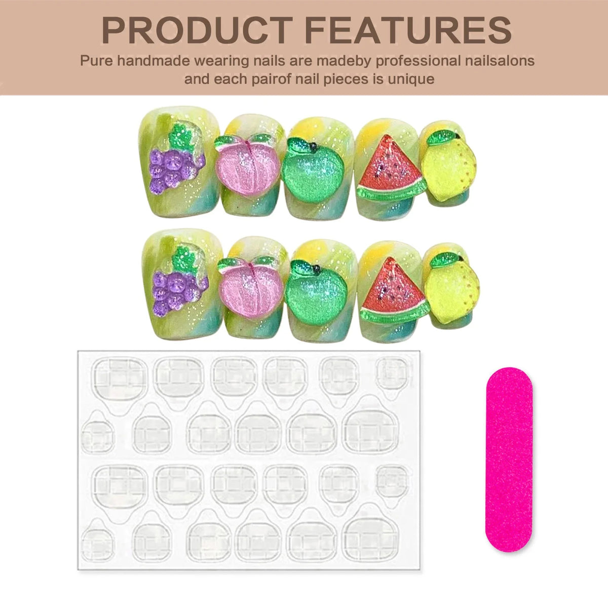Handmade Summer Fruit Press-On Nails | Grapes Peaches 10pcs
