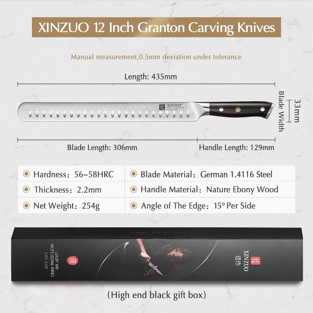 XINZUO 12" Granton Carving Knife – 1.4116 Steel Ebony Handle