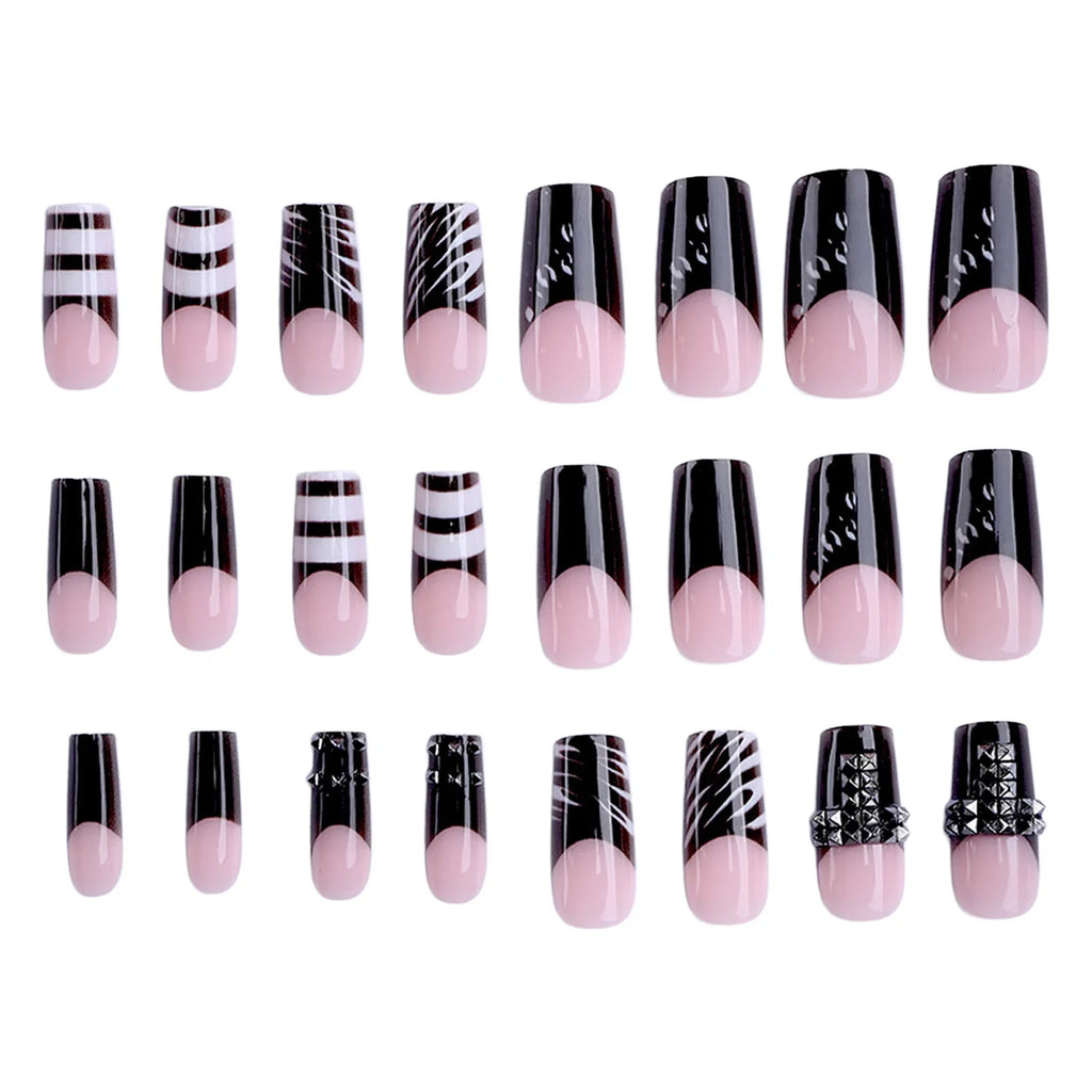 Dark French Square Fake Nails Press Metal Decor Wearable Black Gothic