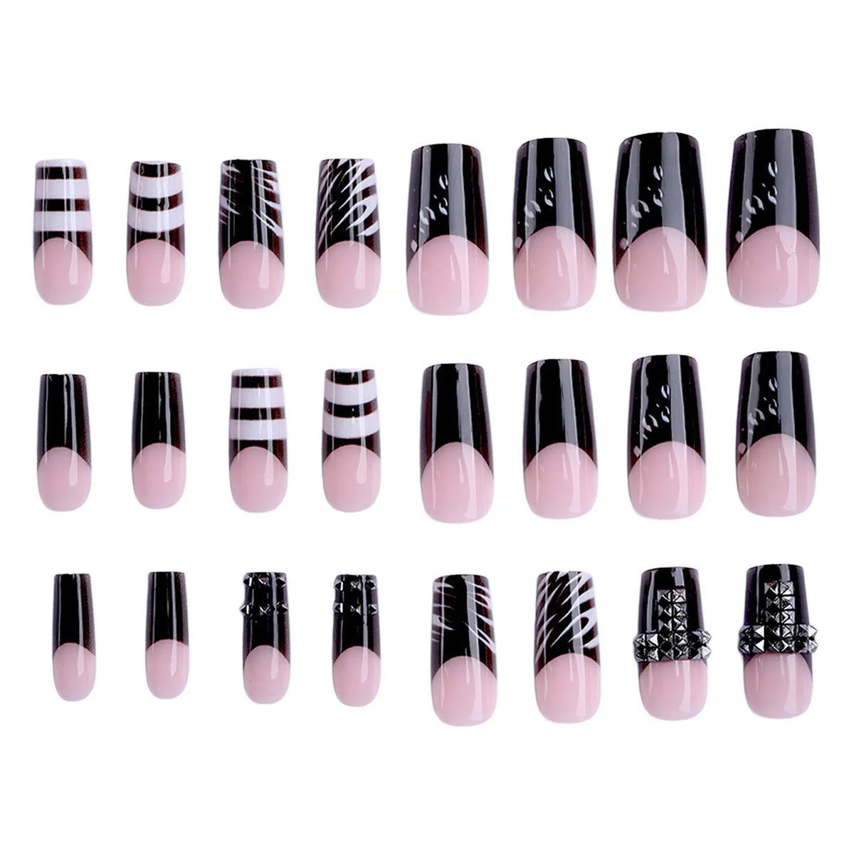 Dark French Square Fake Nails Press Metal Decor Wearable Black Gothic