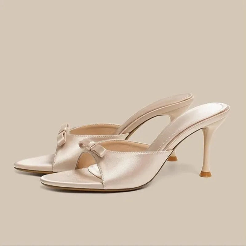 Satin Butterfly-Knot High Heel Slides – Women's Party Sandals