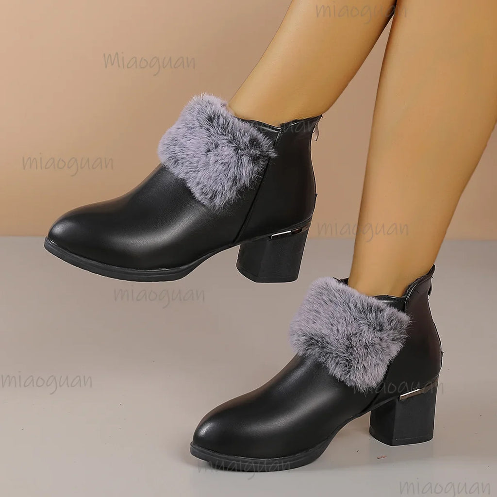 Women's Fur-Lined Chunky Heel Ankle Boots | Winter PU Leather