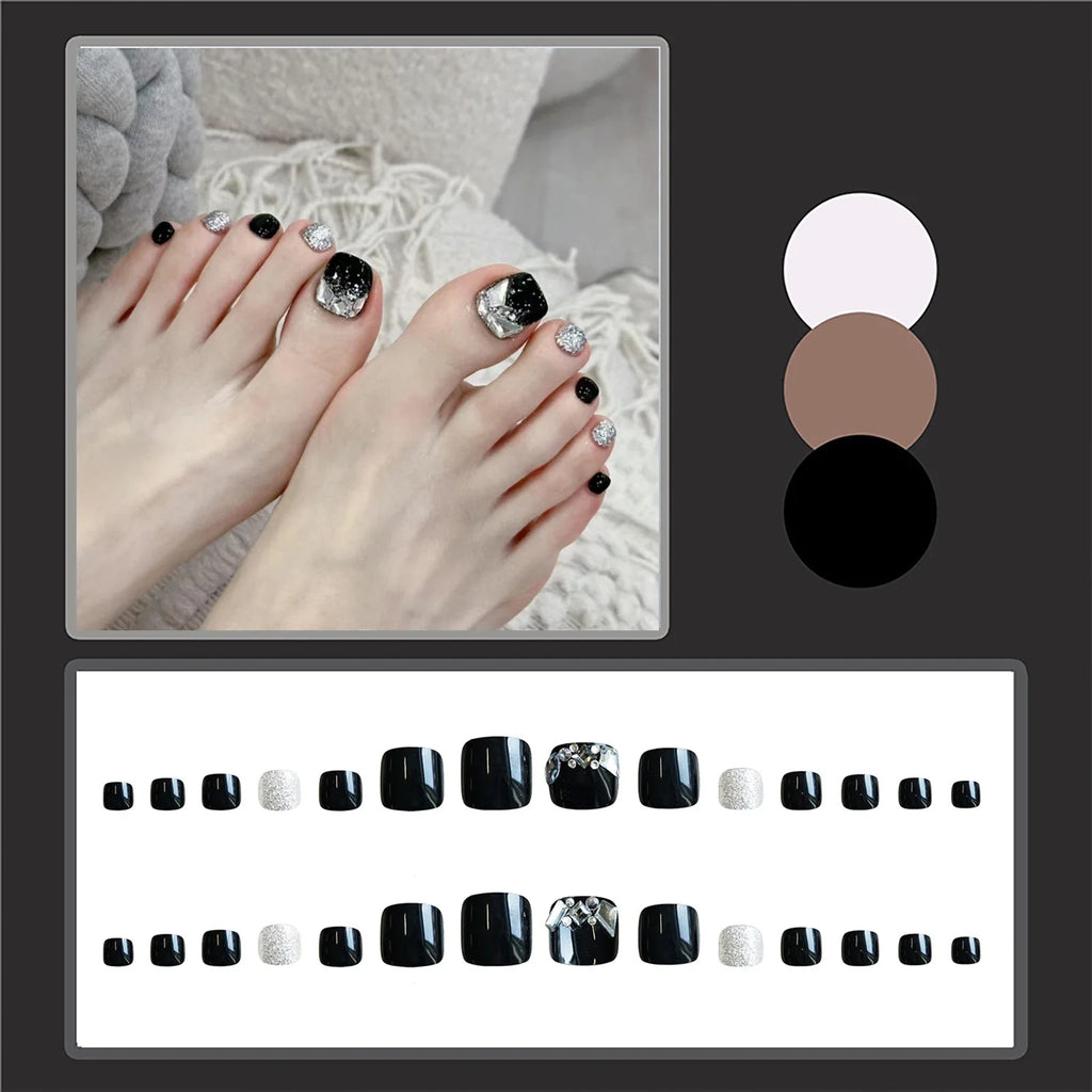 24-Piece Black Rhinestone Press-On Nails | Square Glossy Set
