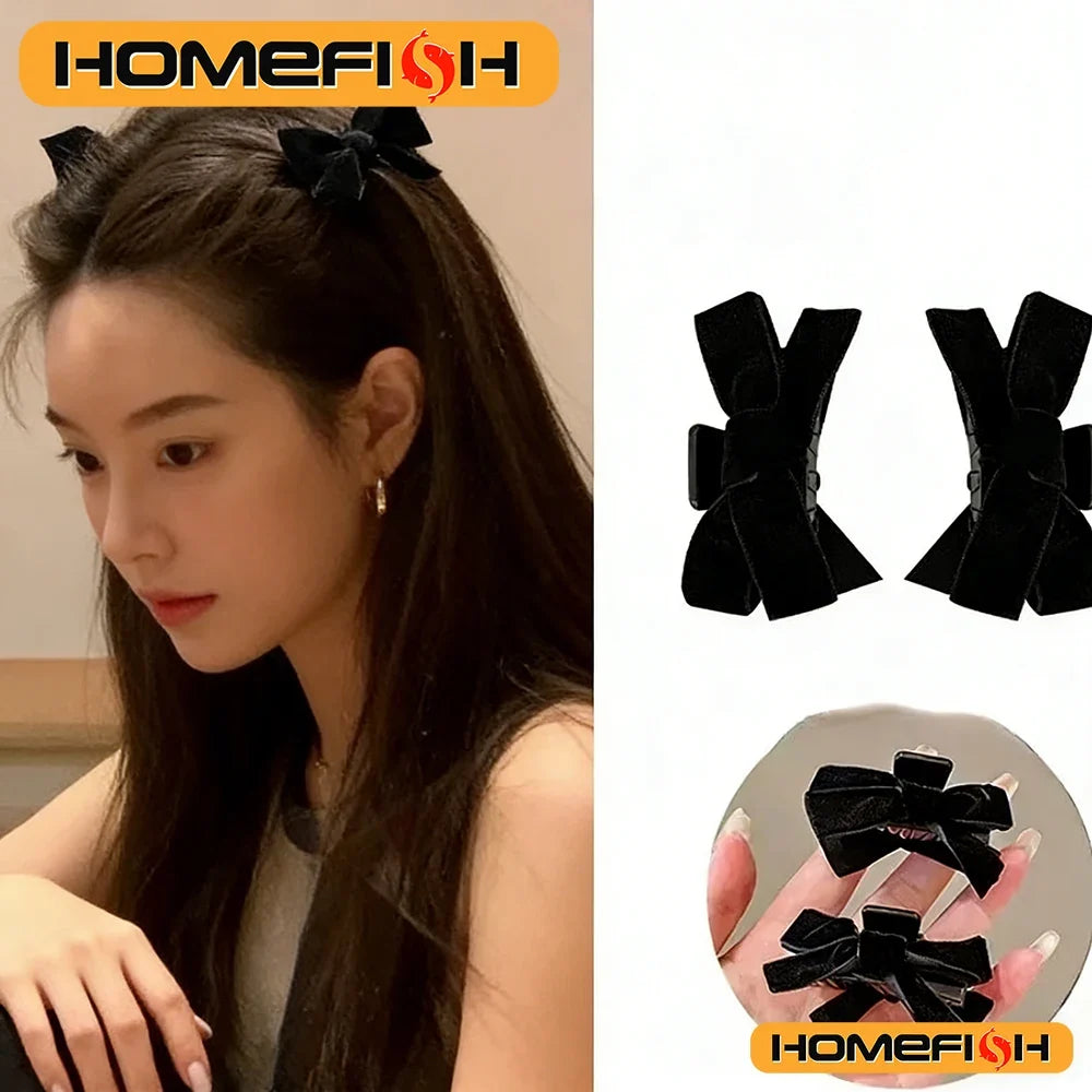 Black Bow Mini Claw Clips Vintage Velvet Hair Barrettes Women Autumn