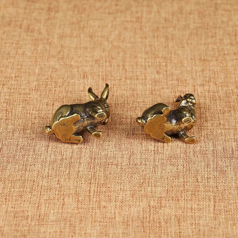 Antique Copper Zodiac Rabbit Statues – Brass Miniature Figurine Pair
