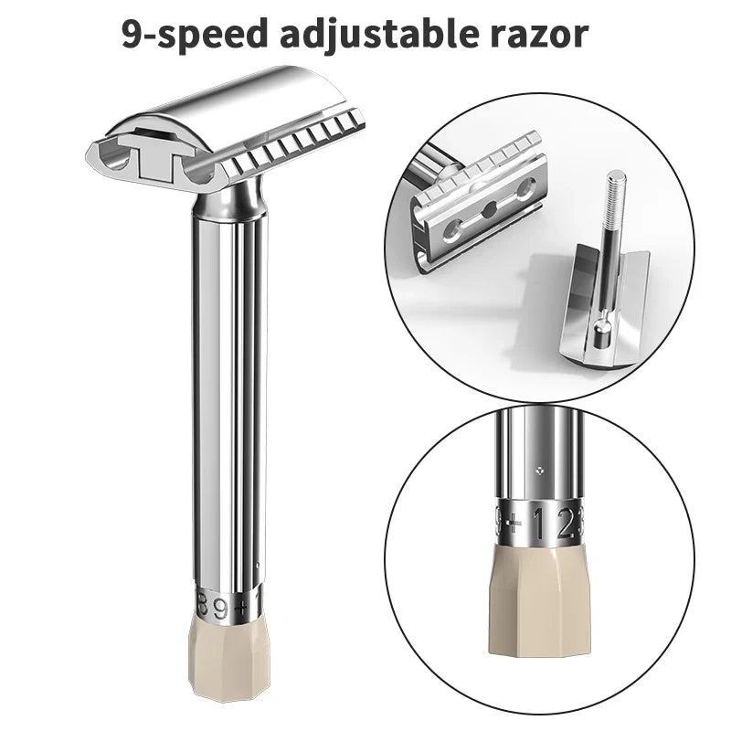 Adjustable Safety Razor 9-Speed Zinc Alloy Manual Shaver + 5 Blades