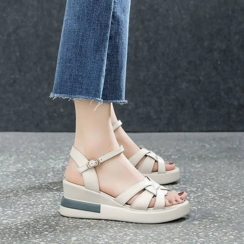 Women's Retro Hollow Button Open-Toe Wedge Sandals