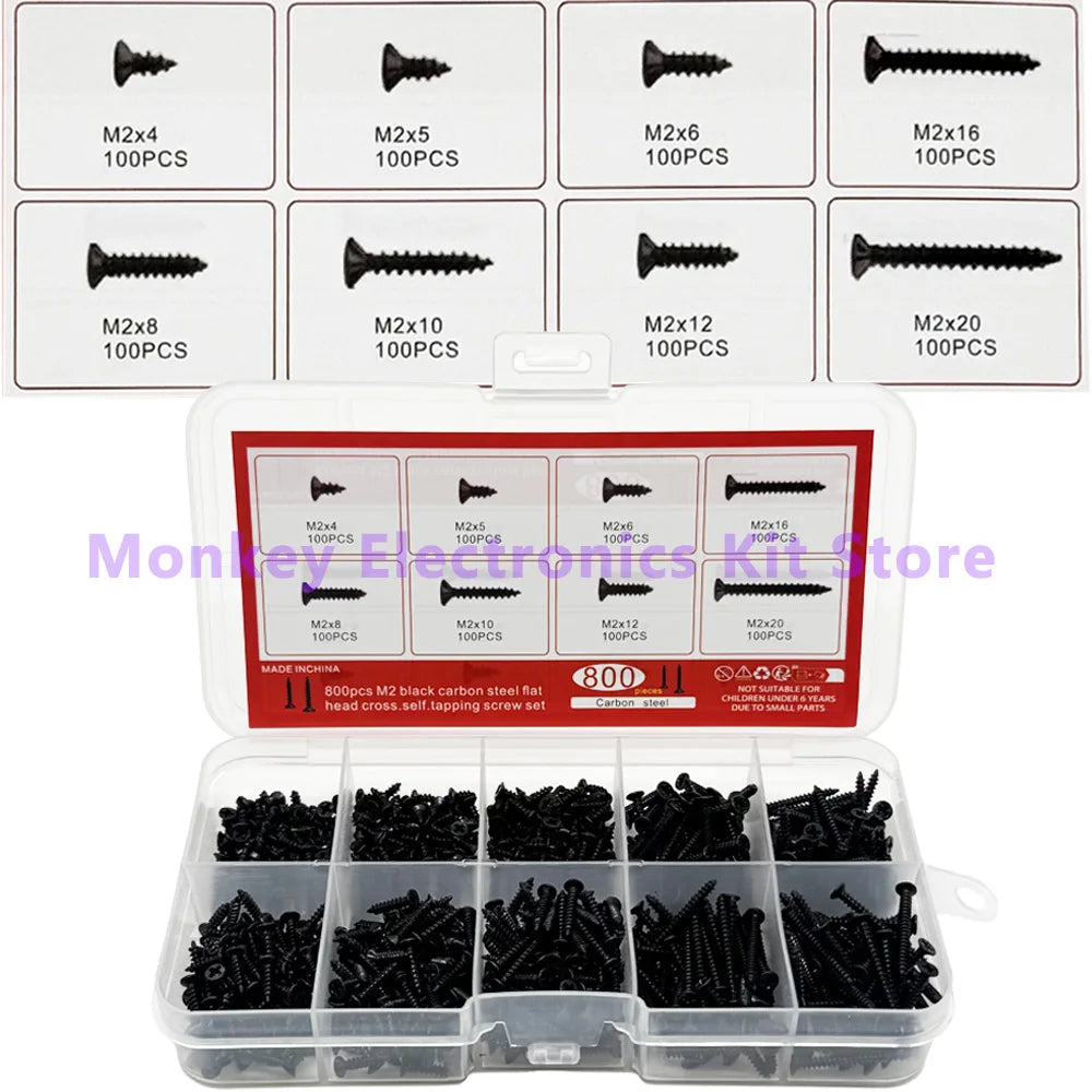 800 Pcs M2 Black Phillips Self-Tapping Screw Assortment Kit