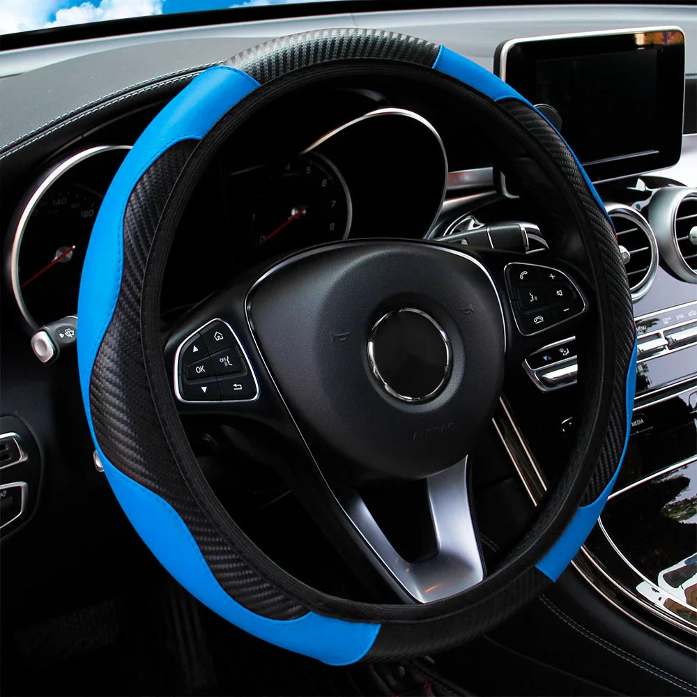 PU Leather Carbon Fiber Steering Wheel Cover 14.5–15 Inch
