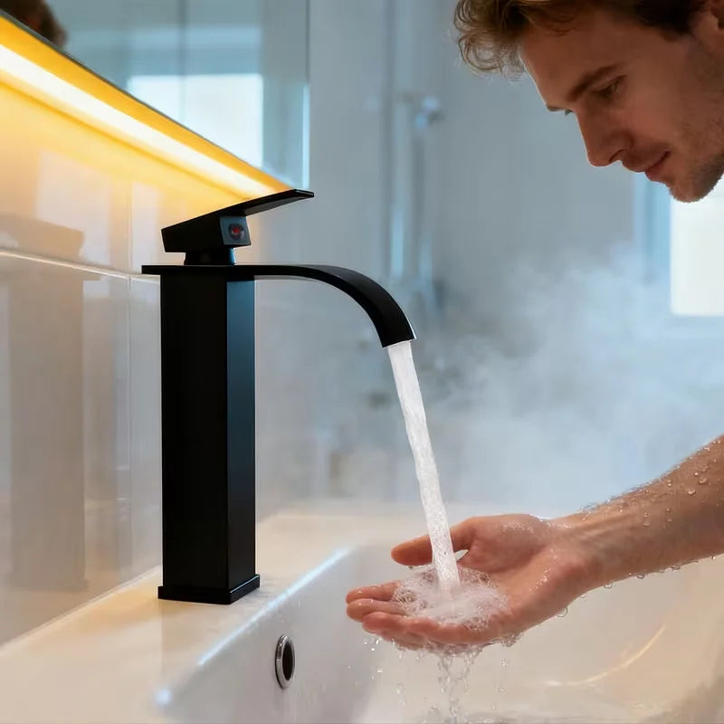 Black Tall Waterfall Bathroom Faucet | Single Hole Ceramic Valve