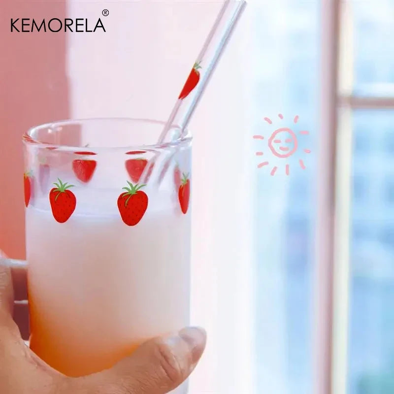KEMORELA 300ml Cute Glass Cup – Strawberry Orange Design