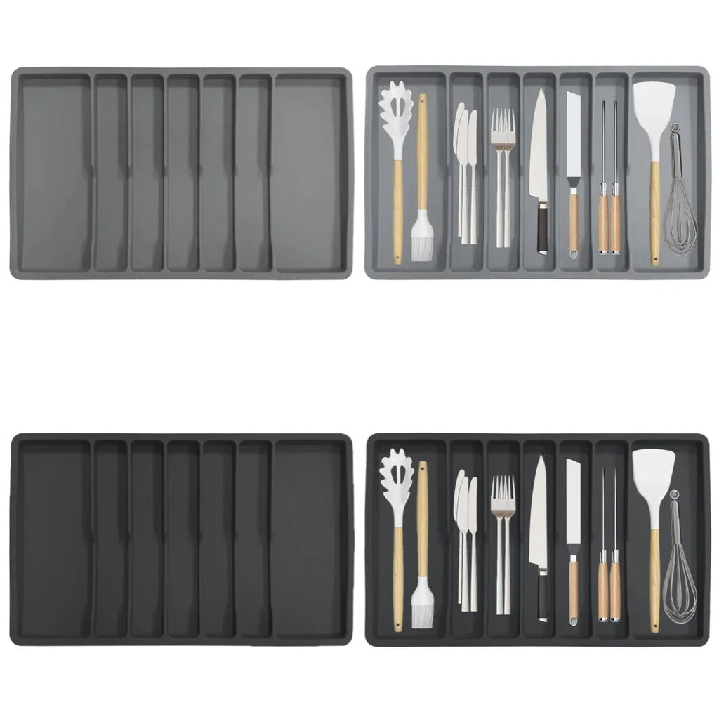 Non-Slip Silicone Cutlery Tray – 7-Compartment Drawer Organizer