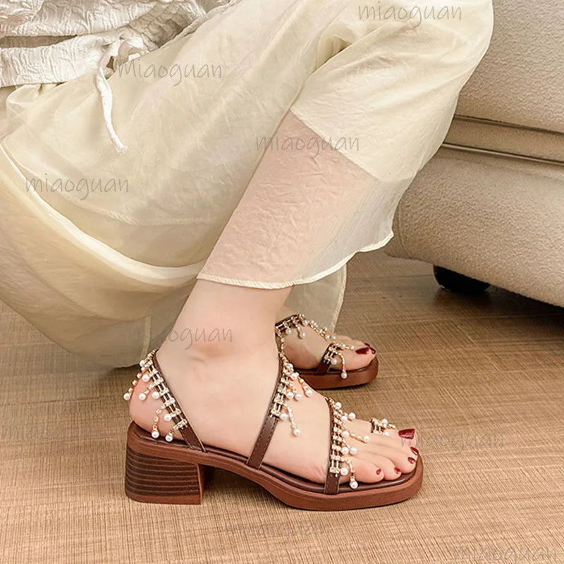 Bohemian Women's High Heel Sandals – Rhinestone Pearl Clip Toe