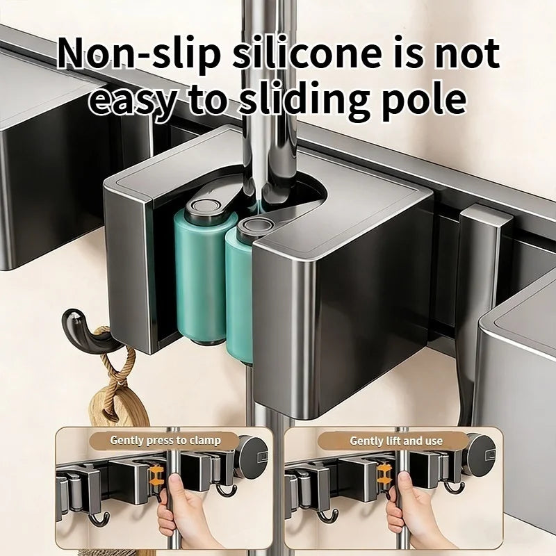 No-Drill Suction Cup Mop Rack Wall-Mounted Holder with 6 Hooks