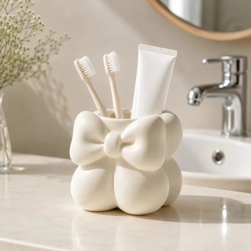 Cute Bow Ceramic Makeup Brush & Pen Organizer Cup – White