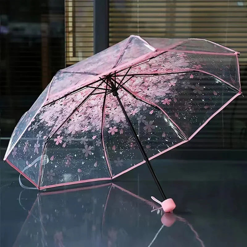 Cherry Blossom Transparent Trifold Umbrella | Korean Style