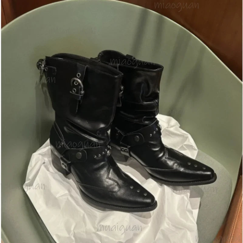 Women's Western Rivet Buckle Ankle Boots – Pointed Toe Heels