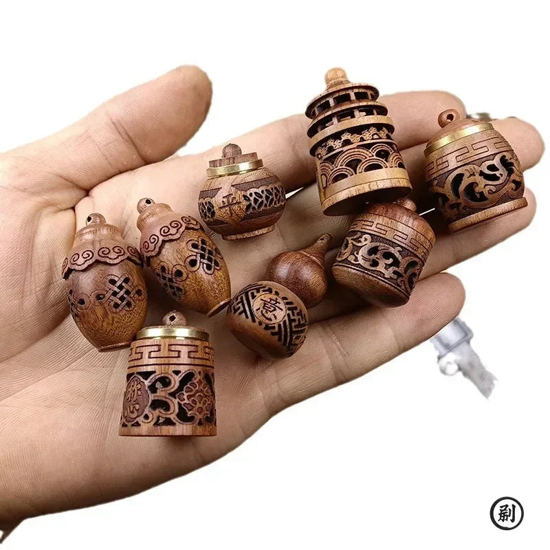 Wood Hollow Carved Aromatherapy Bottle Mini Vase Pagoda Car Hanging