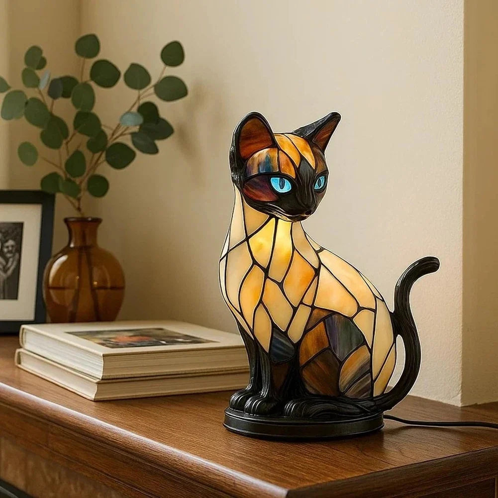 Cute Cat Lamp Stained Glass Retro Led Resin Tabletop Night Light