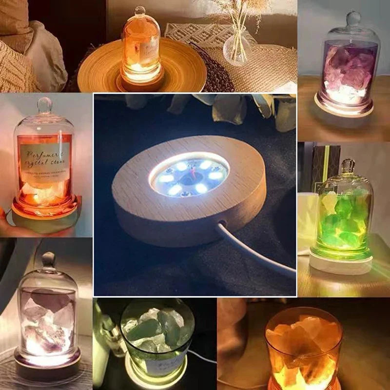 10cm Wood LED Light Base | Rotating Crystal Display Stand