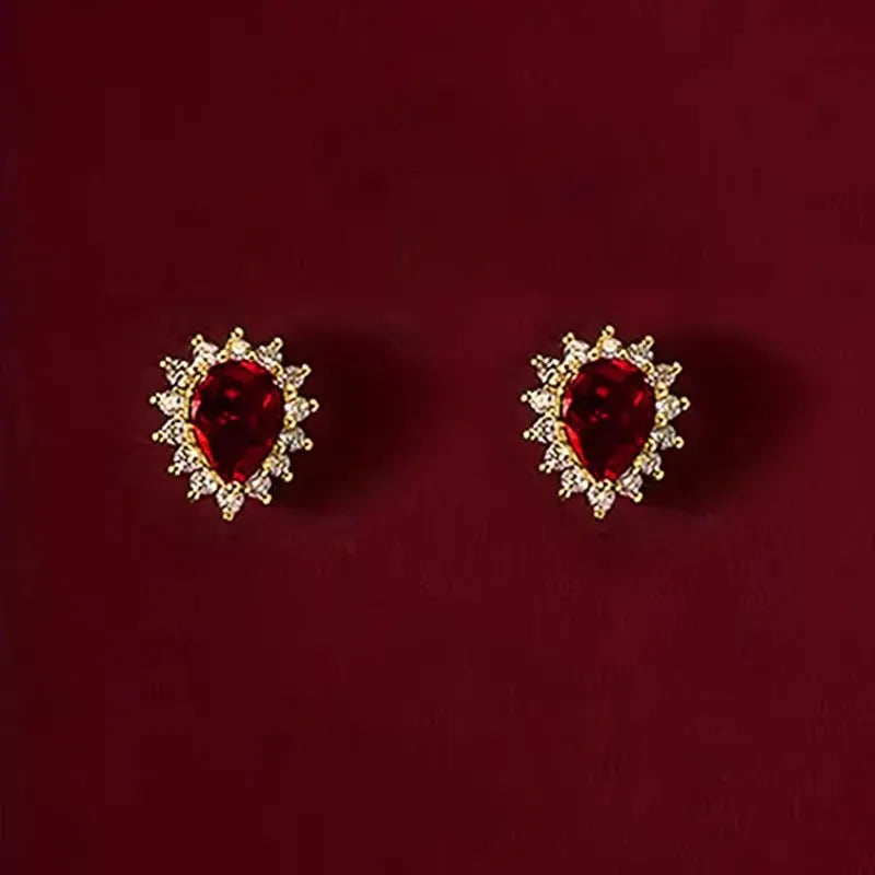 Huitan Red Cubic Zirconia Water Drop Stud Earrings Women