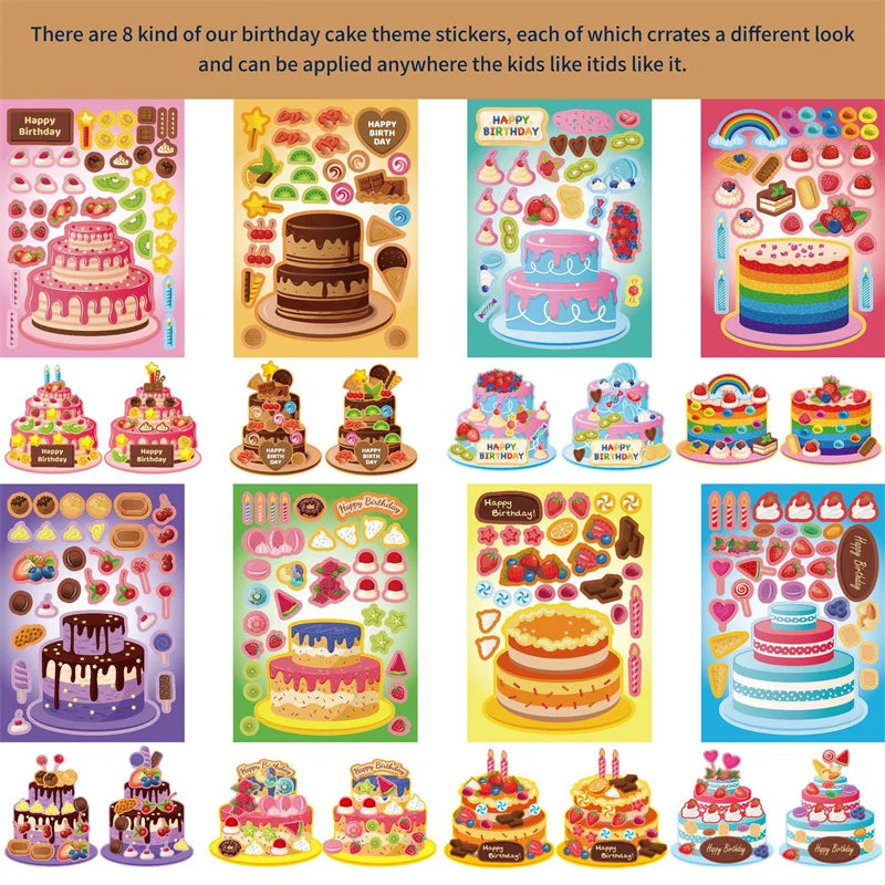 Puzzle Assemble Birthday Cake Stickers Sheets Kids Children Party