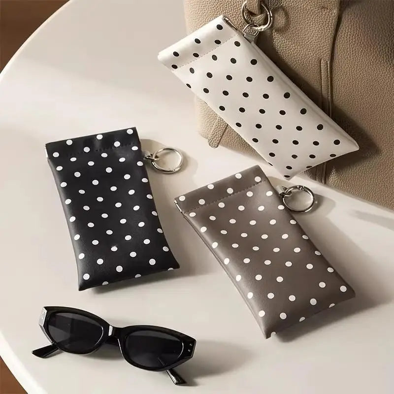 Polka Dot PU Leather Eyeglass Pouch with Keychain | Soft Case