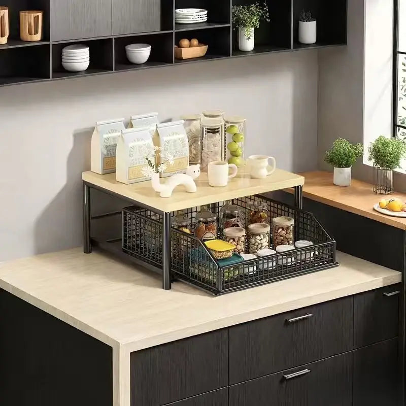 Metal & Wood Microwave Rack with Pull-Out Drawer | Kitchen Organizer