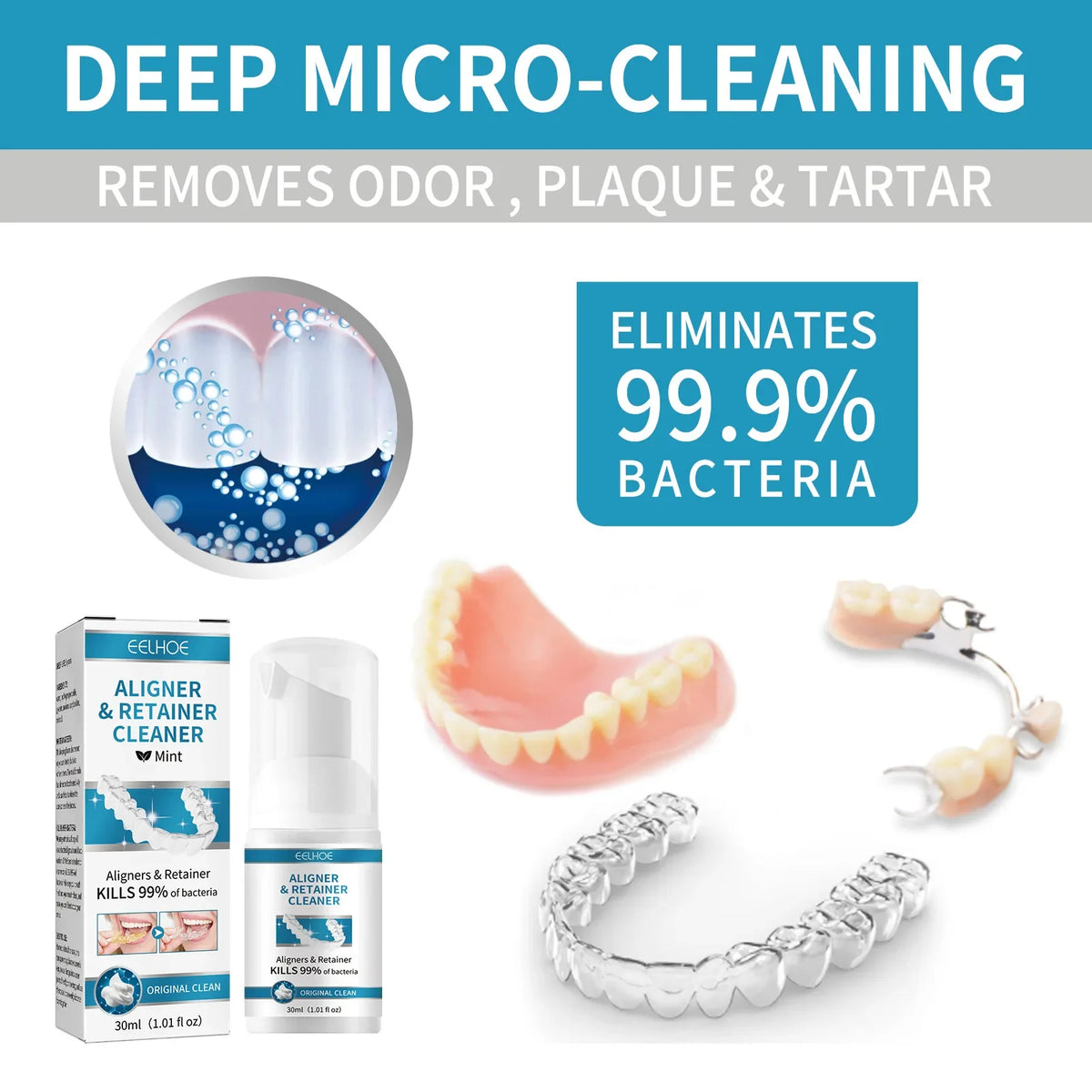 EELHOE Denture & Retainer Cleaner – Plaque & Odor Remover 30ml