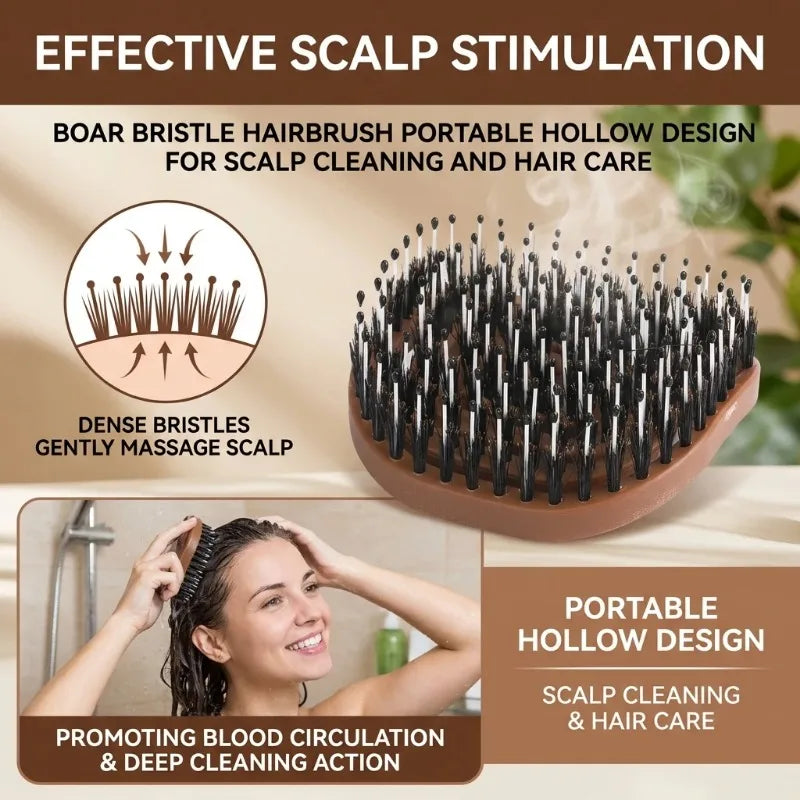 Portable Boar Bristle Hairbrush | Hollow Ventilated All Hair Types