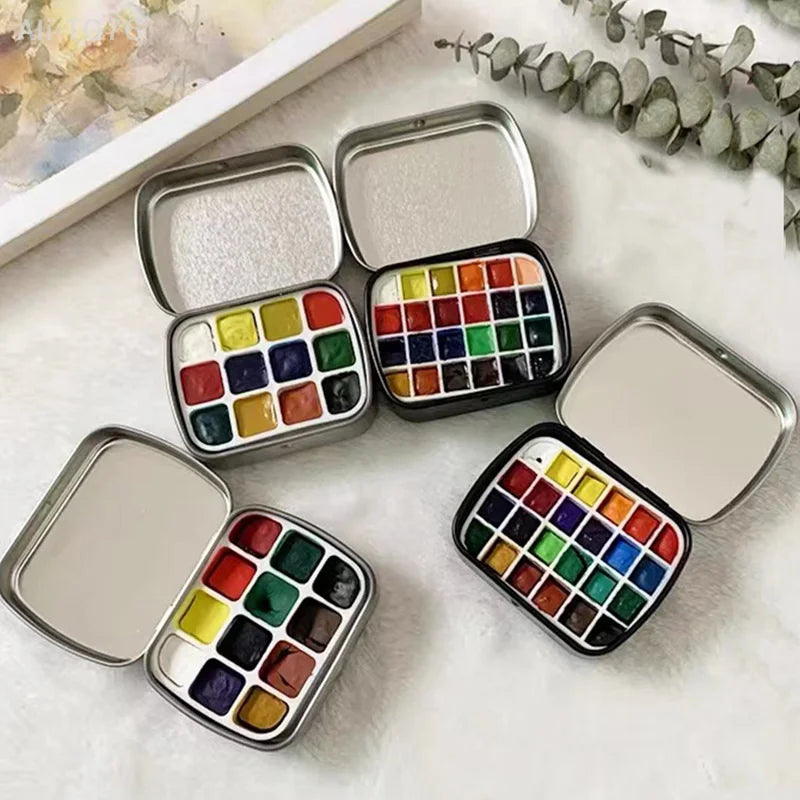 Portable Watercolor Tin Box Palette 12/24 Grid Travel Paint Tray