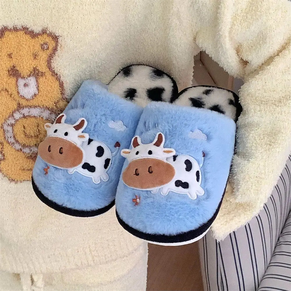 Cow Print Faux Fur Slippers – Cozy Indoor Slides Men & Women