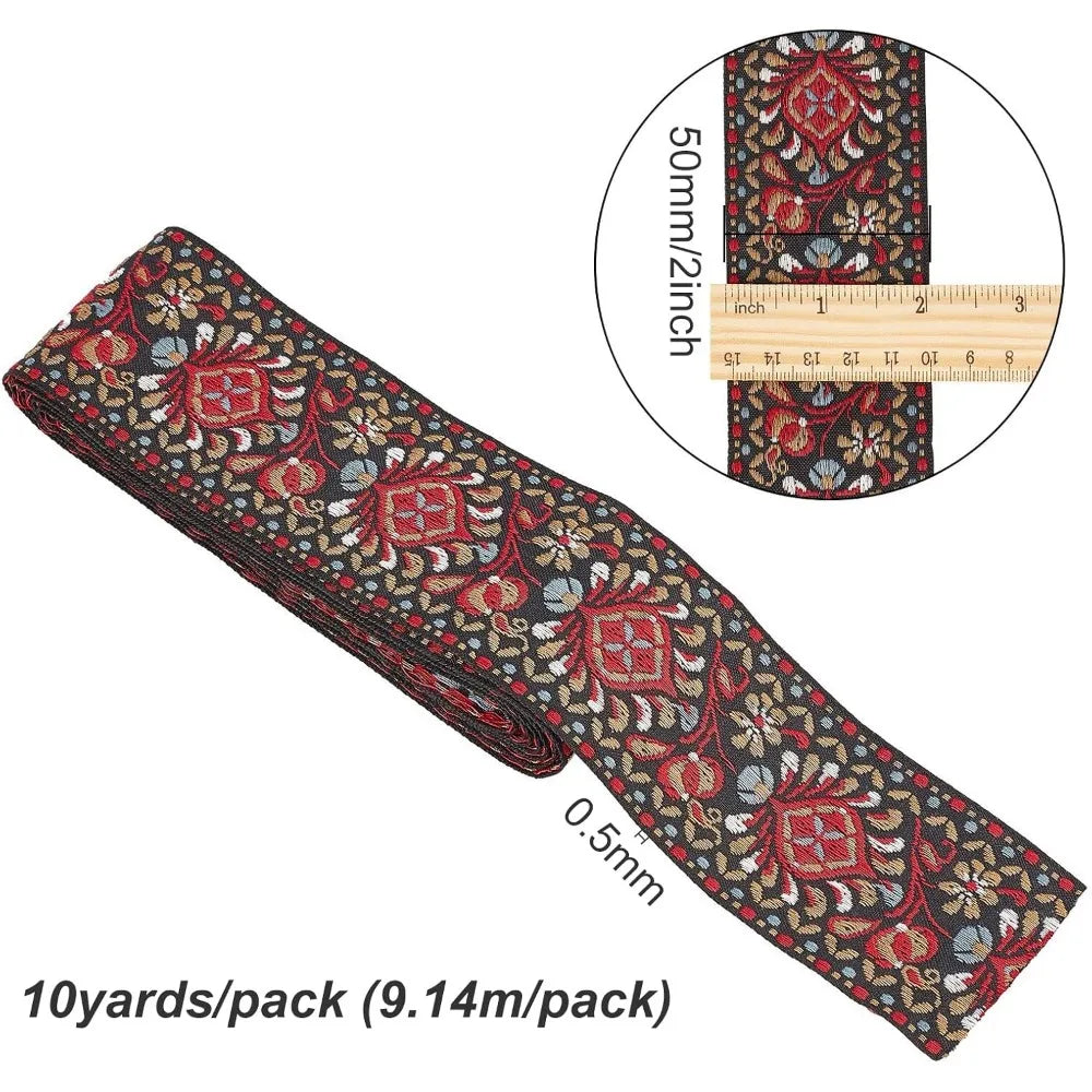 Ethnic Floral Jacquard Ribbon 2 Inch Indian Red – 10 Yards