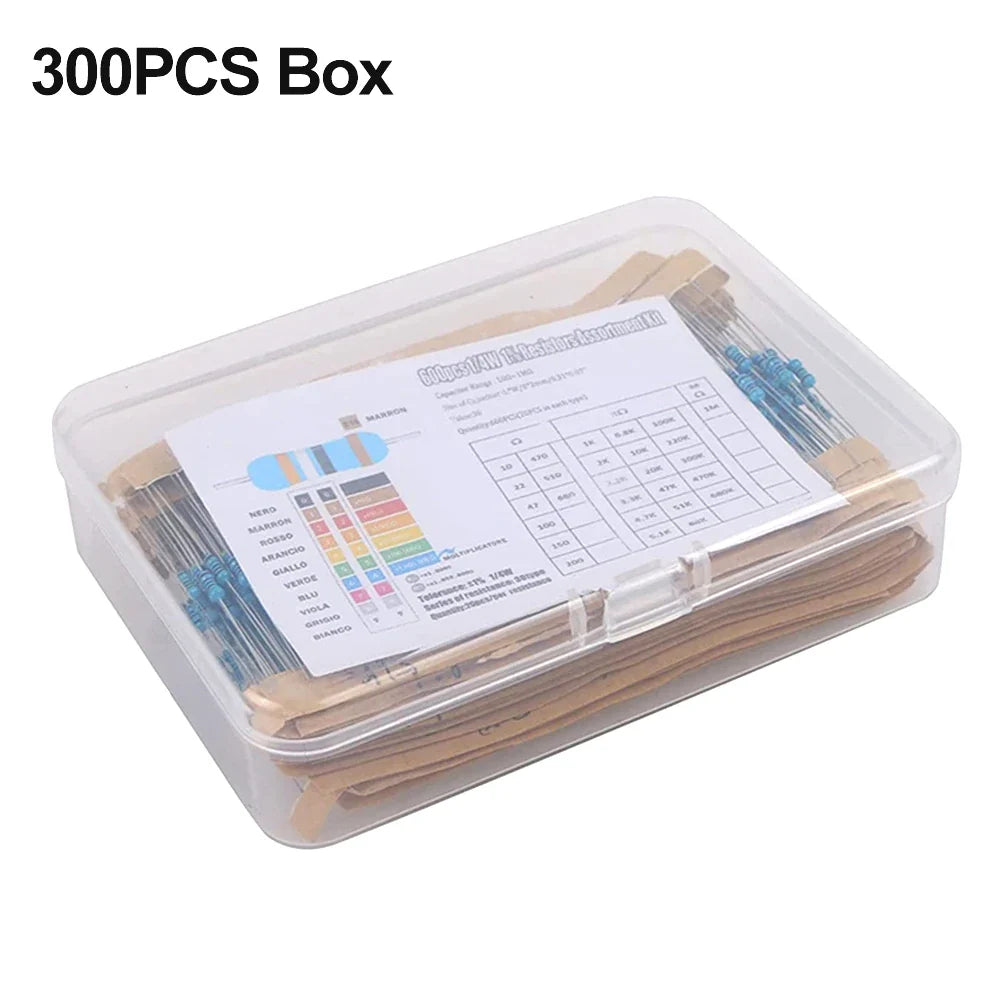 300/600pcs Metal Film Resistor Kit – 30 Values 1% 1/4W 10R–1M