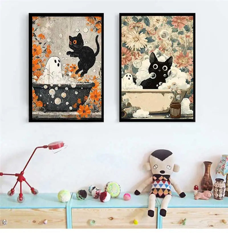 Halloween Ghost Black Cat Bathtub Canvas Wall Art Print
