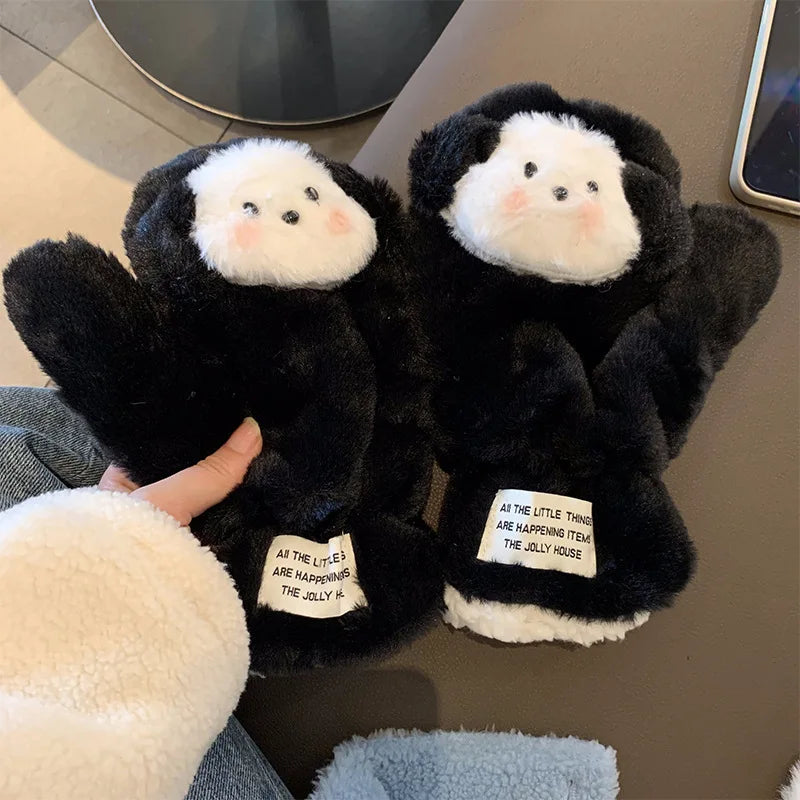 Cat Plush Flip-Cover Gloves for Women | Touchscreen Winter
