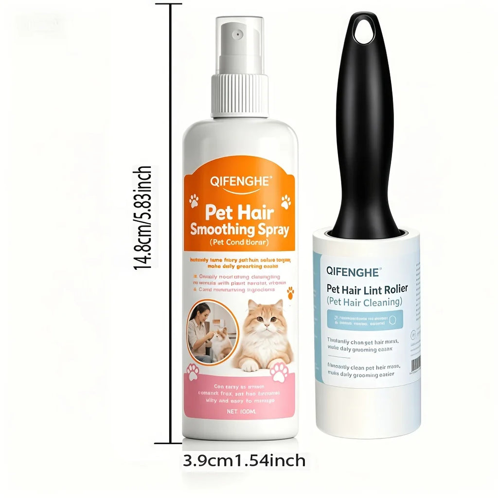 Pet Hair Detangling Spray & Reusable Lint Roller Set | Cats & Dogs