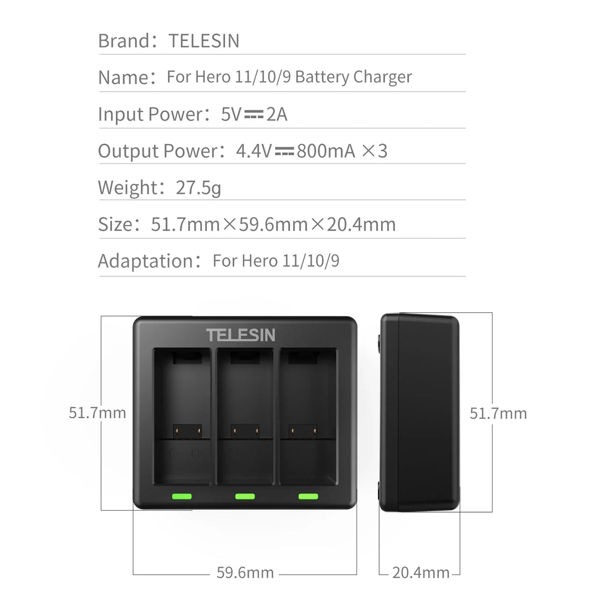 TELESIN Quick Battery Charger 3 Slots Gopro 9 10 11 Hero Black Action