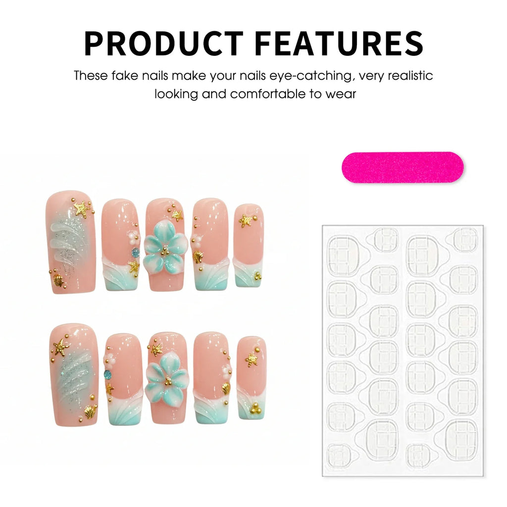 Handmade Press On Nails – Ocean 3D Flower Long Square | 10pcs