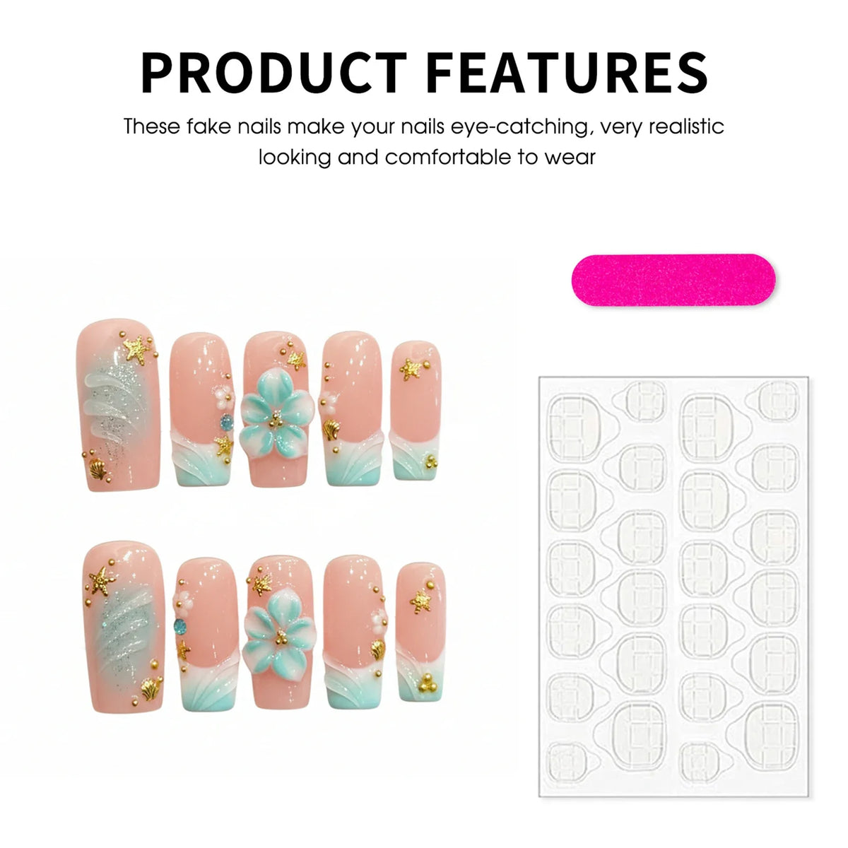 Handmade Press On Nails – Ocean 3D Flower Long Square | 10pcs