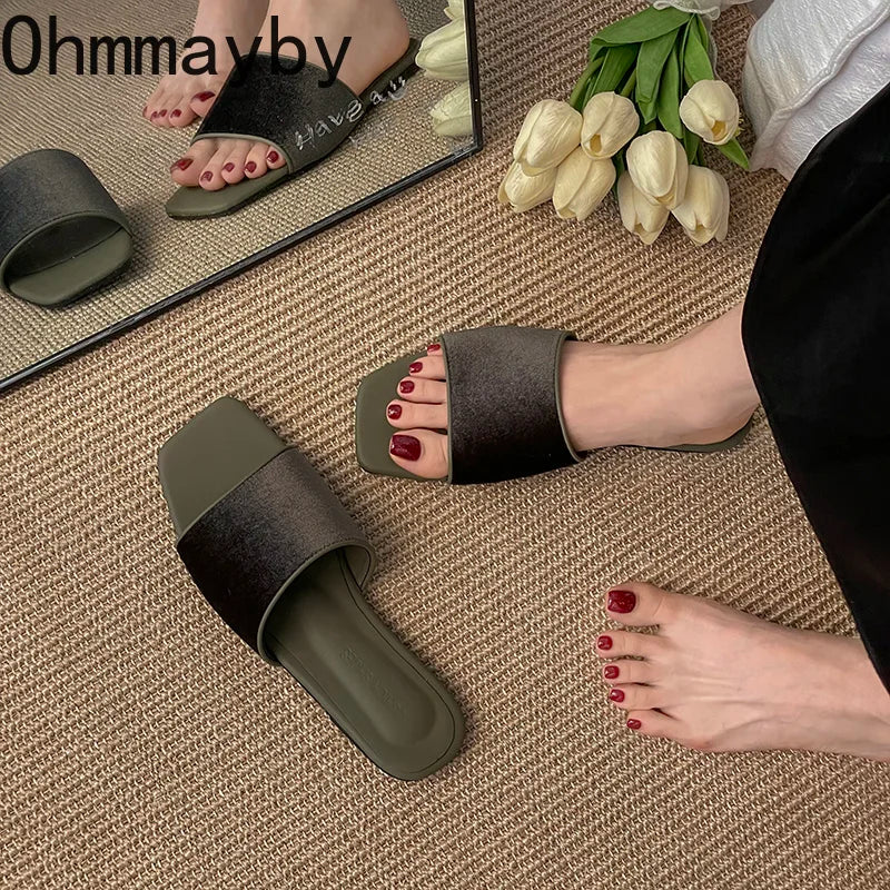 Vintage Velvet Square Toe Women's Flat Slip-On Slides | ohmmayby