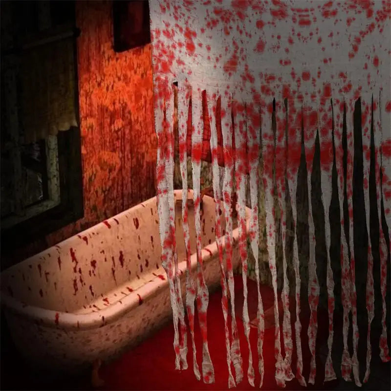 Halloween Bloody Handprints Door Curtain Scary Blood Stained Gauze