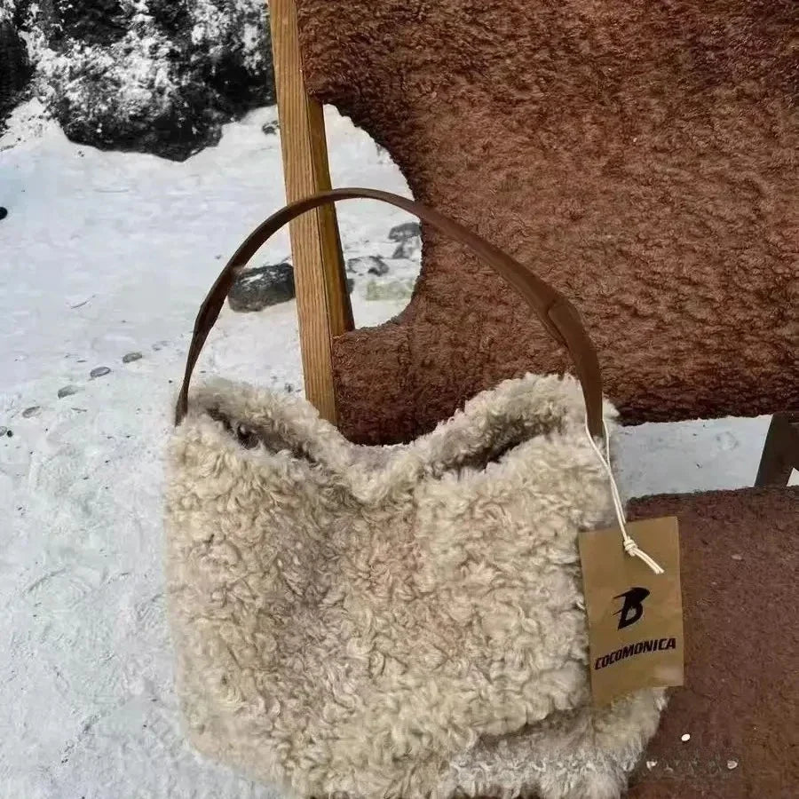 JPXB Lamb Wool Furry Tote Bag – Large Plush Shoulder Bag